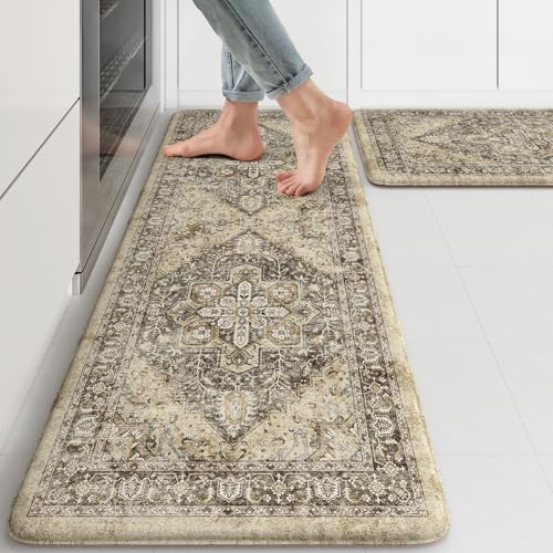 KIMODE Anti Fatigue Kitchen Mat, Boho Distressed Kitchen Rugs Sets of 2 | Kitchen Floor Mats Non Slip Cushioned, Waterproof Standing Mat for Laundry, Office, Sink, Desk, Brown 17"x47"+17"x29" - color: Boho Brown/Multi, size: 17.3" x 47"+17.3" x 29"--0.47