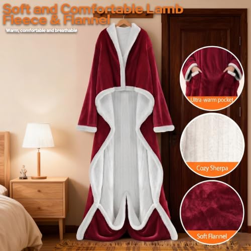 Wearable Heated Blanket With Sleeves & Foot Pocket, Heated Throw Blankets Fast Heating Blanket With 10 Heat Settings Auto Shut Off Over-Heat Protection-Warm Gift, Machine Washable, 52”*72”+18” - color: Red
