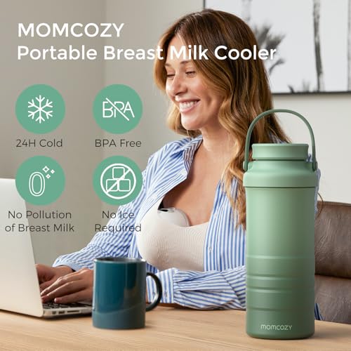 Momcozy 22oz Portable Breastmilk Cooler for 24H Outdoor, Newborn Essentials | 24 Hours & 360° Surrounded Cooling, 2 Extra Baby Bottles for Better Storage, Life Saver for Working Mom, Hassle-Free Cleaning - color: Green