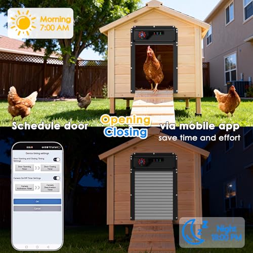Automatic Chicken Coop Door with HD1080P Camera，Electric Auto WiFi Solar Chicken Coop Door Opener with Timer,Remote Control, APP Control, 5000mA Battery, Night Vision, Alarm Drive,Roll-up Gate