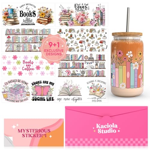 Kaciola 10 Sheets UV DTF Cup Wraps for 16 oz- Booklover Theme UV DTF Stickers, 1 Sheet Mysterious Pattern Transfer, Rub on Transfers Stickers for 16 oz Libbey Glasses Crafting - style: Book