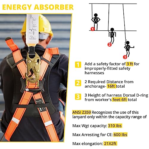 TRSMIMA Rope Harness Safety Lanyard：150ft Roofing Rope Fall Protection | Vertical Safety Harness Rope With Grab Snap Hooks Shock Absorber - Tree Climbing Line Kit Heavy Duty Safety Equipment ANSI CE - size: 150ft