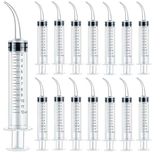 TIHOOD 15PCS 12ml/cc Plastic Syringes with Curved Tip, Disposable Irrigation Syringe Mouthwash Cleaner for Oral Care, Animal Feeding, with Measurement