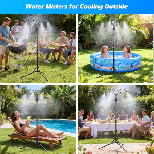 Standing Misters for Outside Patio - Adjustable Height Stand Misting system for Cooling Outdoor, 26.5FT Portable Water Mister for Garden Backyard BBQ Party Tanning Pool Beach Cooling & Water Playing