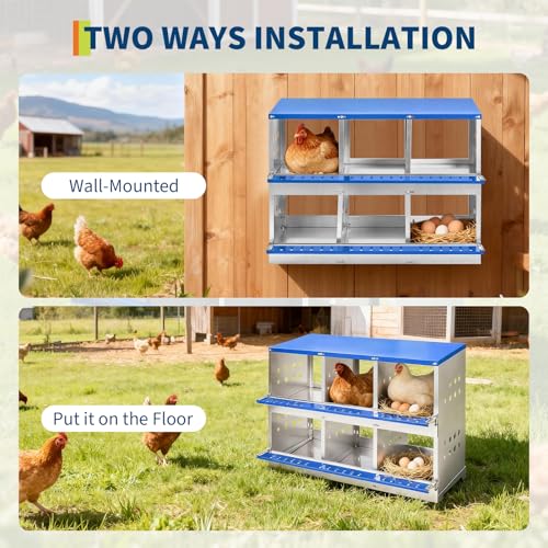 50.39" Metal Chicken Nesting Box, 4-Compartment Poultry Nest Box with Perch and Ventilation Holes, Blue Roof Hen Laying Box for Up to 8 Chickens - color: Blue A, size: 37.8"L x 18.9"W x 28.0"H