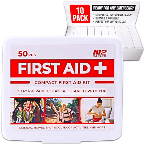 M2 BASICS 10x50 Piece Premium Mini First Aid Kit Bundle, Donation, Travel | 500 Total Pieces Bulk Pack For Charity, Car, Backpack, Office, School, Church, Camping, Family, Friends And Nonprofit