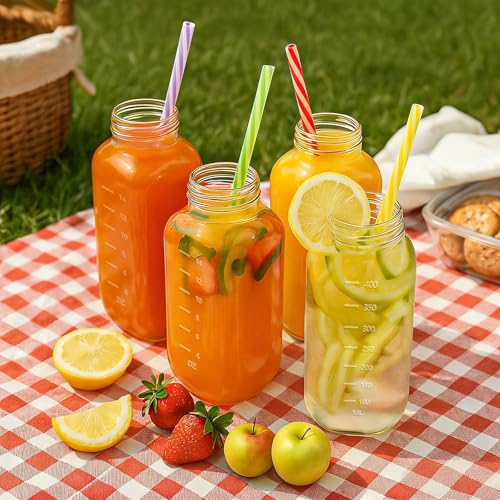 16 oz Glass Milk Bottles with Pour Dispenser, Reusable Juice Bottles with Airtight Lid for Fridge, Glass Pitchers with Scale, Gift for a New Mother - size: 4 pack
