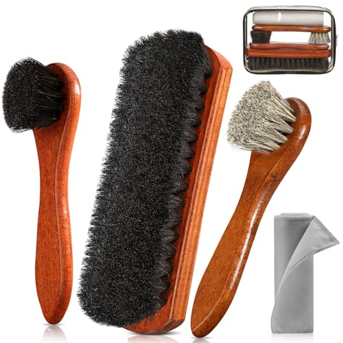 4Pcs Shoe Shine Kit, Horsehair Brush for Cleaning and Polishing | Horse Hair Brush for Leather, Suede Brush for Shoes, Shoe Care Set Cleans and Polishes Leather, Suede and Boots - size: 4PCS