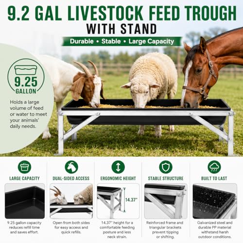 9.2 Gal Livestock Feed Trough with Stand, Heavy Duty Galvanized Steel Goat Feeder Trough for Sheep Horse Cattle, Raised Large Capacity Farm Animal Feeding Pan - color: Silver+Black