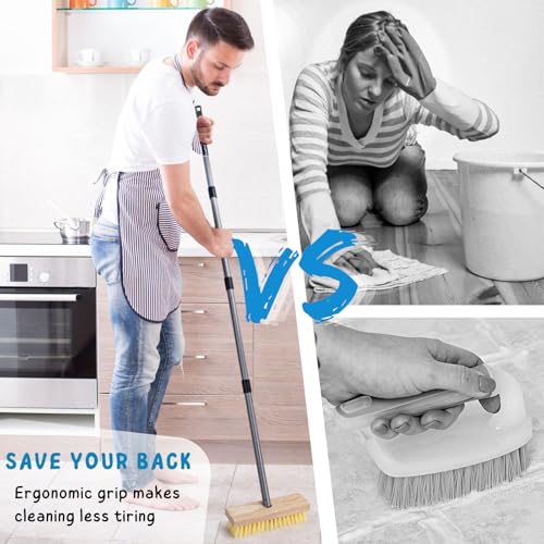 Floor Scrubber Brush with Long Handle for Deck Cleaning, 52'' Stiff Bristle Scrub Broom for Shower, Bathroom, Boat, Concrete, Carpet, Garage - color: Yellow
