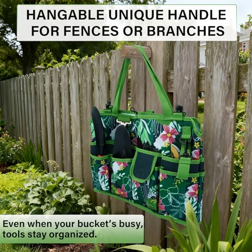 KUNN Bucket Tool Organizer 5 Gallon 18-Pocket Gardening Tool Bag with Hangable Handle | Garden Caddy & Bucket Accessory, Green - color: Green Leaf