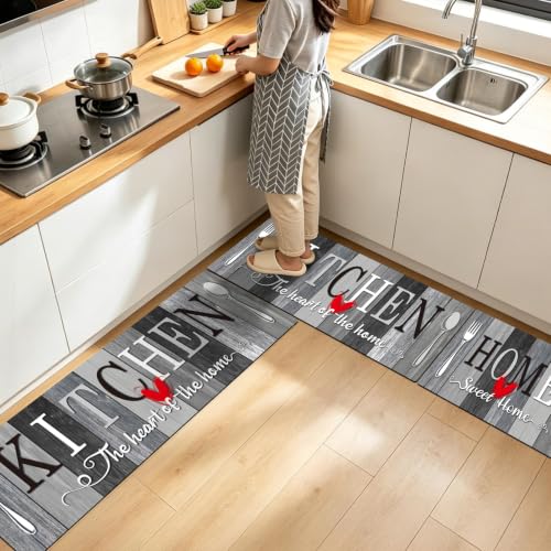 Kitchen Rugs Set 3 Piece, Non Slip Kitchen Mats for Floor, Soft Fabric with Rubber Backing, Farmhouse Anti Fatigue Runners Carpet for Home Kitchen Laundry Room Hallway (Rustic Grey & Black) - color: Rustic Grey & Black