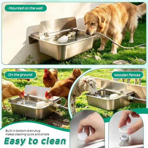 2.5 Gal Automatic Dog Water Dispenser,Self Filling Stainless Steel | Float Valve Auto-Refill |Fits 3/4" GHT | Wall Mount & Floor Use | Anti-Slip|Drain Plug| For Dogs, Cats, Chickens & Livestock