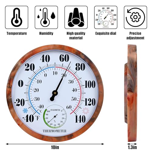 10 Inch Indoor Outdoor Thermometer Hygrometer Combo | Large Dial Analog Temperature Humidity Gauge, Wall Mount Weather Thermometer for Home Patio Greenhouse Garage Room - color: Brown