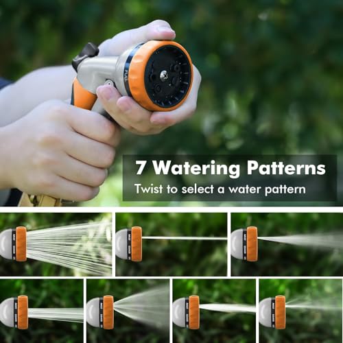 RESTMO Garden Hose Nozzle, Heavy Duty Metal Water Hose Nozzle with 7 Adjustable Spray Patterns, High Pressure Hand Sprayer with Flow Control, Best for Watering Plant & Lawn, Washing Car & Pet, Orange - color: Orange