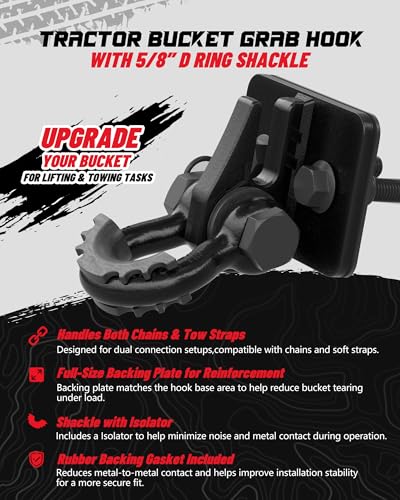 Tractor Bucket Grab Hook with 5/8" D-Ring Shackle Combo, Bolt-On Tow Hook and D-Ring Shackle, Matching Backing Plate, Rubber Gaskets & Isolators, 20000LBS Breaking Strength, 2 Set, Black&Black - color: Black&Black