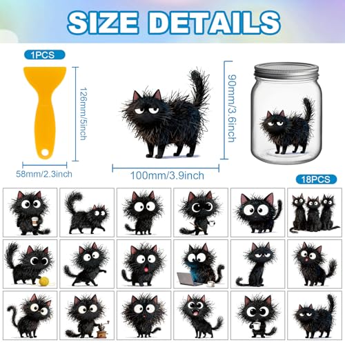 GLOBLELAND 18 Sheets Funny Black Cat Transfer Stickers 3.9x3.6inch Furry Black Cat Rub on Transfer Stickers UV DTF Cup Wraps Decals for Furniture Vase Glass Mason Jar Decorations Art Crafts - style: Black Cat