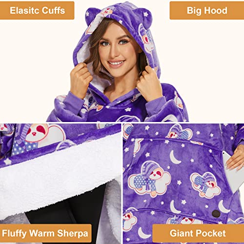 THREE POODLE Wearable Blanket Hoodie for Women, Oversized Sherpa Sweatshirt Blanket for Adults Men, Cozy Hooded Blankets, Glow in the Dark, Gifts for Teen Girls Women Mom Sister - color: Luminous Sloth, size: Adult