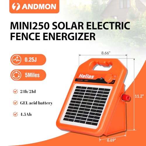 MINI250 15 Miles Solar Electric Fence Charger, 0.25 Joule Solar Fence Charger for Livestock, Pigs, Horses, Cattle Sheep, Solar Powered Electric Fence with Day or Night Mode, Easy Installation - size: MINI250