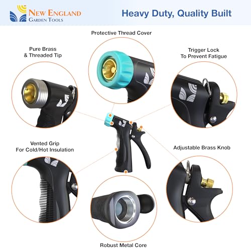 Industrial Hot/Cold Water Jet Hose Nozzle 500012 with Threaded Tip, Rear Trigger and Comfort Grip by New England Garden Tools for Cleaning Kitchens & Work Sites, Watering Plants & Yards, Washing Cars