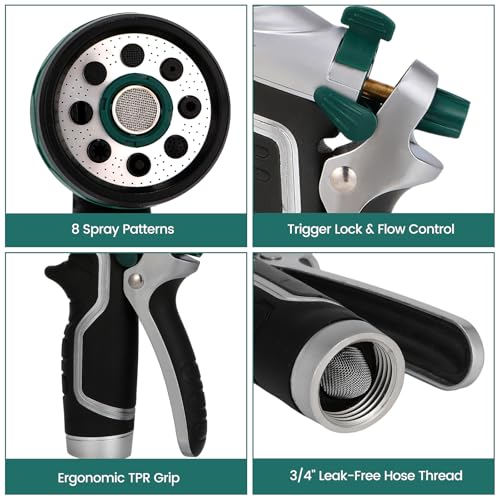 Garden Hose Nozzle, Heavy Duty Metal Water Hose Sprayer Nozzle with 8 Spray Patterns, High Pressure Handheld Nozzle with Flow Control for Lawn & Plant Watering, Car Washing – Forest Green