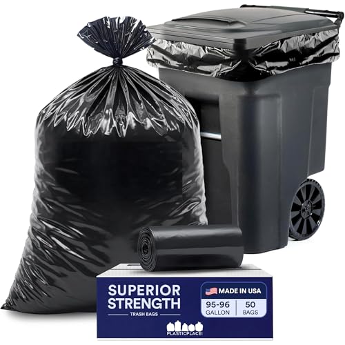 Plasticplace 95-96 Gallon Heavy Duty Trash Bags, Garbage Bags, Puncture-Resistant, Fits Rollaway Cans & Drums, Durable Large Plastic Bags (50 Count) - size: 50 Count