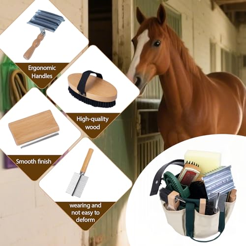 13-Piece Horse Grooming kit for Daily Care,Complete Horse Supplies Set with Wood Brushes, Tack Essentials, Curry Tools, and Practical Horse Accessories for Farm & Stable Use