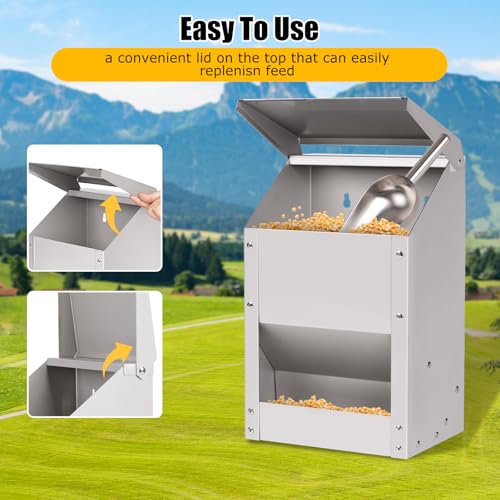 Automatic Chicken Feeder 10lb Hanging Feeder Trough with Scoop | Galvanized Metal Gravity Chicken Feeder, Duck Feeder, Chicken Feeder Trough with Lid for Chickens Ducks Goose Poultry