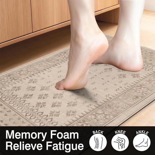 Kitchen Anti-Fatigue Mat, 2PCs, 17.3"x47"+17.3"x29", 0.4" Thick | PVC Non-Slip Cushioned Comfort Washable Floor Rug, Ergonomic Standing Rugs, Easy Clean for Home, Sink, Laundry - color: Beige-1