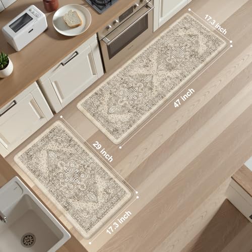 KIMODE Anti Fatigue Kitchen Mats 2 PCS 17"x47"+17"x29.5", Boho Kitchen Rugs and Mats, Non Slip Cushioned Kitchen Mats for Floor, Waterproof Kitchen Floor Mats for Laundry, Office, Sink, Khaki | 17"x47"+17"x29" Non Slip Cushioned Kitchen Mats for Floor, Wa