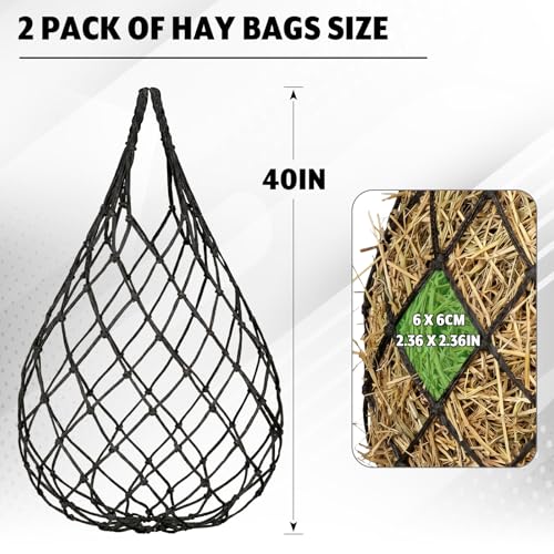 2 Pcs Hay Bags for Horses, 40" Hay Net Heavy Duty Nylon Mesh Bag Hanging Slow Feeder for Goats Sheep, Livestock Supplies for Horses Stable, Stall, Trailer, 2.36" x 2.36" Holes