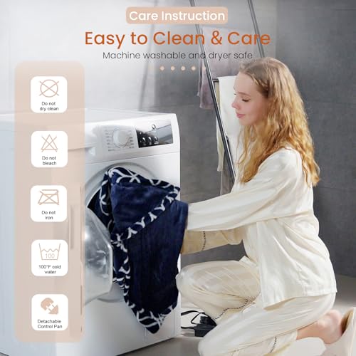 Heated Throw Blanket with Built-in Button Controller 50"x60" Electric Blanket with Soft Flannel Sherpa Fleece 4 Heat Settings 4-Hour Auto Shut Off Overheat Protection for Couch Bed and Office - color: Navy White, size: Throw