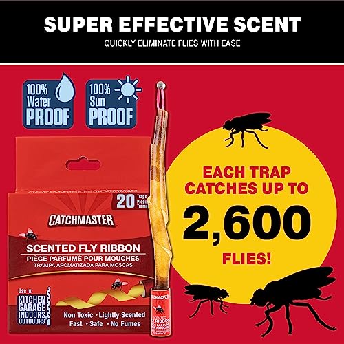 Catchmaster Fly Trap Bundle, Fly Bag 2-Pack & Fly Ribbon 20-Pack, Fruit Fly Traps for Indoors & Outdoors, for Garage, Backyard, Pool, Patio & Camping