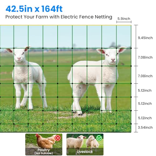 Electric Fence Netting, 42.5" H x 164'L, for Livestock, Cattle, Sheep, Goat | Electric Netting Fence, Pre-Assembled, 14 Posts Double Spiked, Portable Livestock Nets Used in Backyards, Farms and Ranches