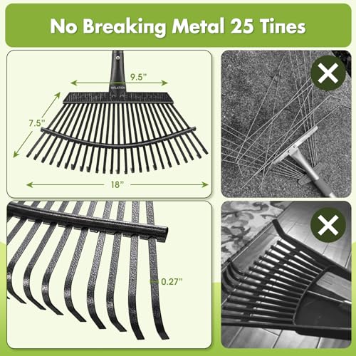 Rake for Leaves, Heavy Duty Leaf Rakes for Lawns & Yard - 79” Adjustable Long Handle 18” Width 25 Metal Tines - Gardening Rake for Adults Kids for Shrub,Grass,Mulch - style: 25 Tines 6FT