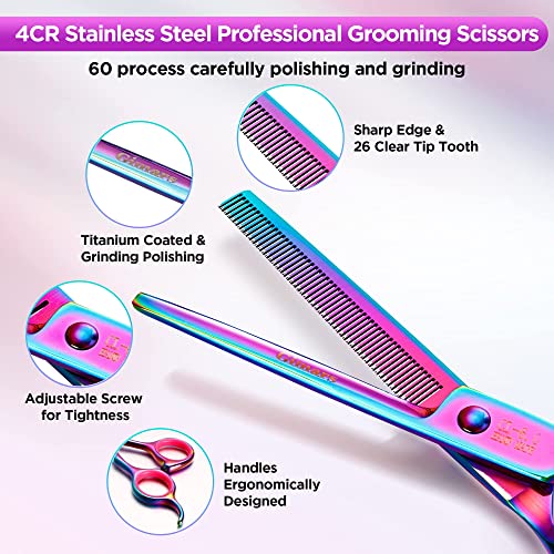 Gimars Professional 4CR Stainless Steel 6 in 1 Grooming Scissors for Dogs with Safety Round Tip, Heavy Duty Titanium Coated Pet Grooming Scissor for Dogs, Cats and Other Animals - style: Colorful 6 in 1