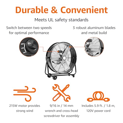 Amazon Basics 24" 215W High-Velocity, Heavy-Duty Industrial Fan, Drum Fan, with UL-Certified Safety Compliance, 2 Speeds, Up to 8820 CFM, 5.9-ft Power Cord, 2 Wheels, Metal Housing/Blades, Black - size: 24-inch