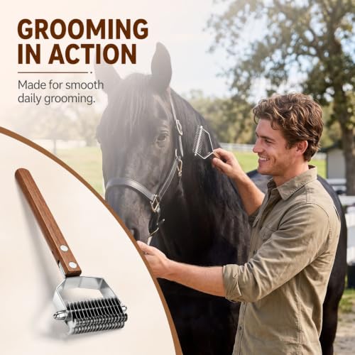 Abbylike 2-sided Livestock Shedding Comb Grooming Dematting Brush Shedding Undercoat Rake for Cattle Horse Goat Cow Pets with 20 Steel Blades and Wood Handle - style: 2-sided