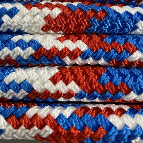 22 Foot Ground Training Rope - Strong Everyday Use All-Purpose Large Horse Lead Rope with Loop & Latigo Popper | 9/16" Diameter Smooth Yachting Braid, Red, White & Blue - color: Red, White & Blue