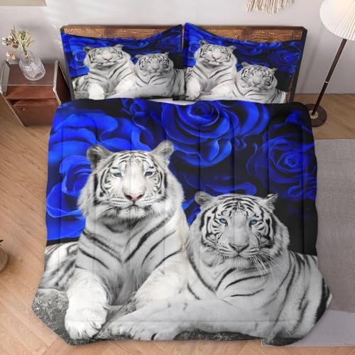 WeCozy Full Comforter Set, 3 Pieces White Tiger Bedding, All Season | Animal Cat Blue Rose Flower Background Soft Comforter with 2 Pillowcases for Kids and Adults Room Bedroom Bed Decor - color: Multi 9, size: Full