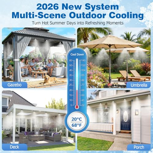 Mellbree Misters for Outside Patio 45FT/14M, Pre-Assembled Misting Cooling System with 12 Brass Nozzles & 3/4" Adapter, Outdoor Mister for Patio, Garden, Greenhouse, Pavilion, Dog House, Chicken Coop - size: 45FT