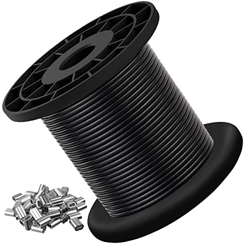 304 Stainless Steel Wire Rope Cable 3/32, Black Vinyl Coated - Outdoor Light Guide Wire for String Lights, Clotheslines - 1/16 Inch Overmolded to 3/32 Inch, 100ft - size: 100FT
