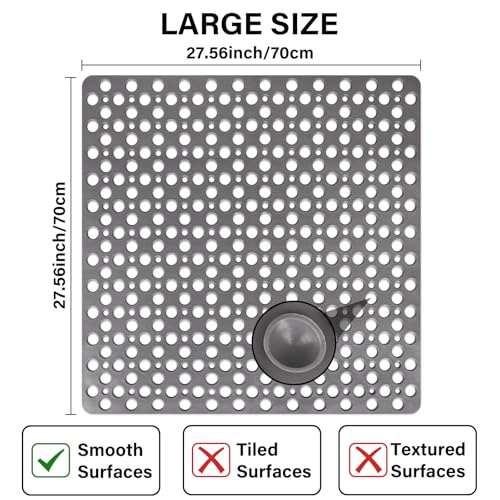 Square Shower Mat Non Slip, 27" x 27" Large Shower Mats for Inside Shower, Soft TPE Shower Floor Mat with Suction Cups and Big Drain Holes, Anti Slip Shower Stall Matt, Grey - color: Grey