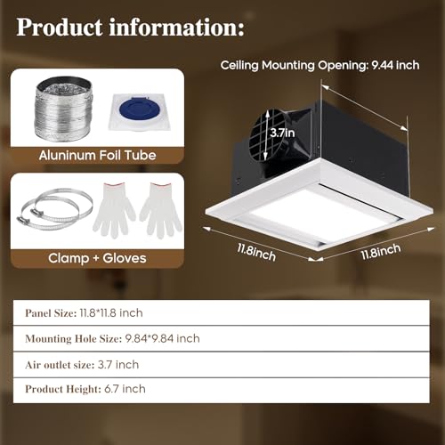 12" Bathroom Exhaust Fan with Light, All-aluminum alloy-S | Ultra Quiet Ventilation Fan Combo, 1.0 Sone, 220CFM, 10"x10" Mount - color: All-aluminum alloy-S