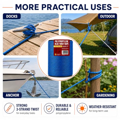 Heavy Duty PP/Polyester/Nylon Rope on Spool, Blue, 5/16inX1640FT | Weather-Resistant & Waterproof for Pool, Marine, Boating, Camping, Household, Towing, Construction & Rigging Applications - color: Blue, size: 5/16in X 1640FT