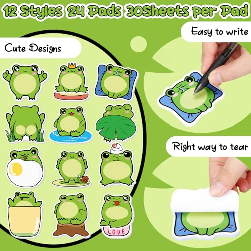 Yinder 24 Pads Frog Sticky Notes Kawaii Cartoon Party Favors School | Fun Memo Pads for Students, Self Adhesive Notepad Gifts, Back to School Supplies, Cute Desk Organizer Accessories - style: Frog