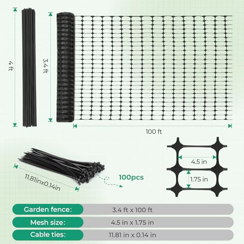 Ohuhu 3.4'x100' Plastic Garden Fence Safety Fence with 16MM Thicker Stakes | Reusable HDPE Garden Fence Roll with 25Pcs 4FT Stakes, Temporary Fence for Animal Barrier Construction Snow Fence Poultry Dog