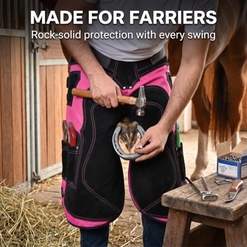 – Farrier Apron Cowhide Leather Hoof Trimming Chaps | with Premium Air Mesh Lining, Foam Knee Pads, 4 Knife Pockets & Nail Magnets | Adjustable Waist for Men & Women (Apron Only) - color: Pink - Black, size: 65cm - 25inch