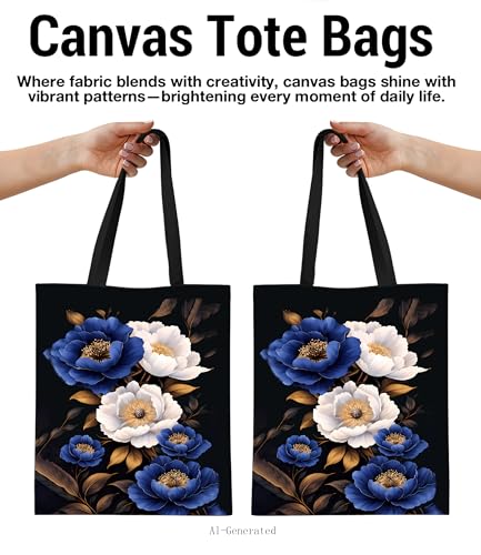Aesthetic Floral Canvas Tote Bag - Reusable Shoulder Tote Bag for Women Lady Casual Vacation, Shopping, Work, Gym - color: Dark Floral_01
