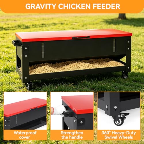 120 LB Large Chicken Feeder No-Waste, Heavy Duty Galvanized Metal Poultry Feeder with 360 Swivel Wheels, Rainproof Automatic Gravity Trough for Outside Coop, Chickens, Ducks, Geese